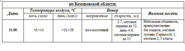 ПРОГНОЗ ПОГОДЫ на 31 августа 2023 г.